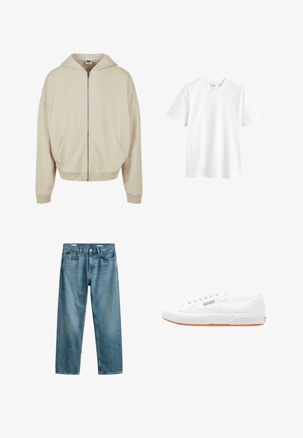 Beige zip-up hoodie med hætte, forlommer, ribbede manchetter og nederkant. Fremstillet af blødt materiale med en glat struktur.; Hvid kortærmet t-shirt med rund halsudskæring og en lille mærkeetiket indeni kraven.; Blå denimjeans med lige ben, fem lommer og bæltestropper, vist mod hvid baggrund.; Hvide kanvas sneakers med gummisål, snørebåndsdesign og et lille logo mærke på siden. Tekstureret hvid overdel og brun ydersål.