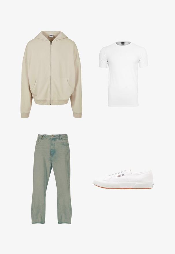 Beige Zip-Hoodie mit Kapuze, Fronttaschen, gerippten Bündchen und Saum. Hergestellt aus weichem Material mit glatter Textur.; Ein weißes T-Shirt mit kurzen Ärmeln und Rundhalsausschnitt auf weißem Hintergrund, mit Vorderansicht und sichtbarem Markenetikett im Kragen.; Hellblaue Jeans mit geradem Bein, auf der Vorderseite mit Knöpfen, Gürtelschlaufen und vorderen Taschen, vor weißem Hintergrund präsentiert.; Weiße Leinensneaker mit Gummisohle, Schnürdesign und einem kleinen Logolabel an der Seite. Strukturierte weiße Oberseite und braune Außensohle.