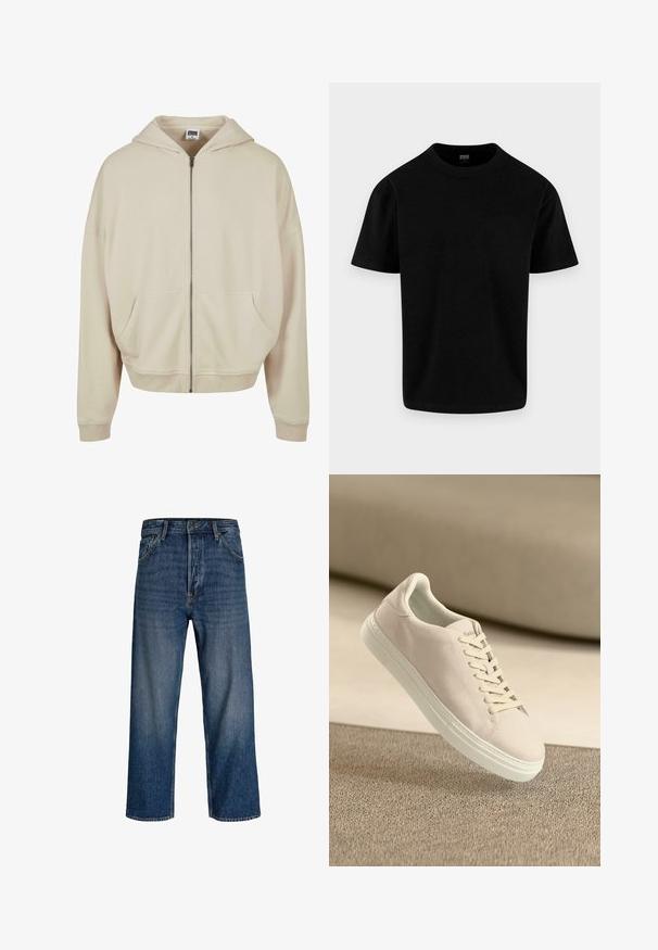 Beige zip-up hoodie med hætte, forlommer, ribbede manchetter og nederkant. Fremstillet af blødt materiale med en glat struktur.; Simpel sort kortærmet bomuld T-shirt med rund hals og almindelig pasform, vist på en lys grå baggrund.; Denim jeans med lige ben-design, mørkeblå farve og subtil udvaskning. Har fem lommer og lukke med knap.; Beige ruskinds sneakers med hvid sål og snørebånd, vist svævende over tekstureret beige tæppe mod en blød beige baggrund.