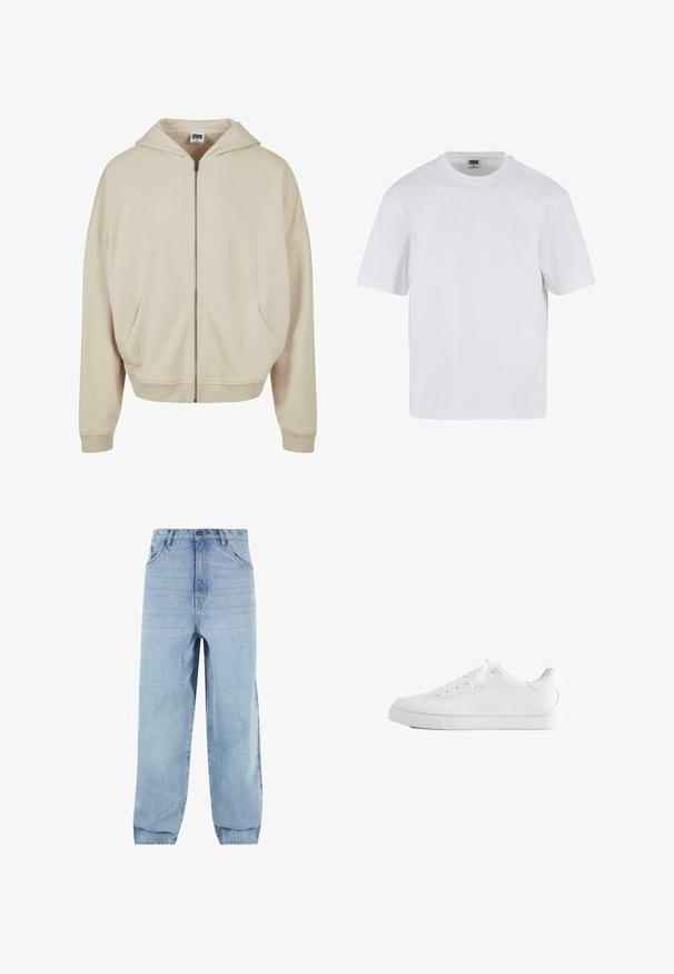 Beige zip-up hoodie med hætte, forlommer, ribbede manchetter og nederkant. Fremstillet af blødt materiale med en glat struktur.; Hvid kortærmet t-shirt lavet af bomuld. Har en rund halsudskæring og en afslappet pasform. Glat tekstur, minimalistisk design, ingen mønstre eller accenter.; Lyseblå denimjeans med løs pasform, høj talje og fem lommer. Har bæltestropper og knaplukning. Blød tekstur.; Hvid lavtop sneakers med snørebånd, glat læderoverdel og flad gummiå sole set fra siden på en hvid baggrund.
