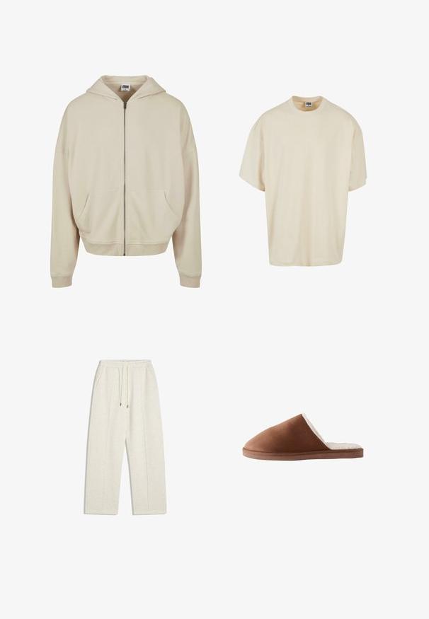 Beige zip-up hoodie med hætte, forlommer, ribbede manchetter og nederkant. Fremstillet af blødt materiale med en glat struktur.; Cremefarvet t-shirt med korte ærmer, afslappet pasform og rund halsudskæring; lavet af blødt bomuld med subtile syningsdetaljer.; Lys beige, vide sweatpants lavet af blødt materiale. Har en elastisk talje med snor og sidelommer for funktionalitet.; Brune ruskindssandal med en blød hvid pelsforing, der har et lukket tådesign og en flad, tekstureret sål.