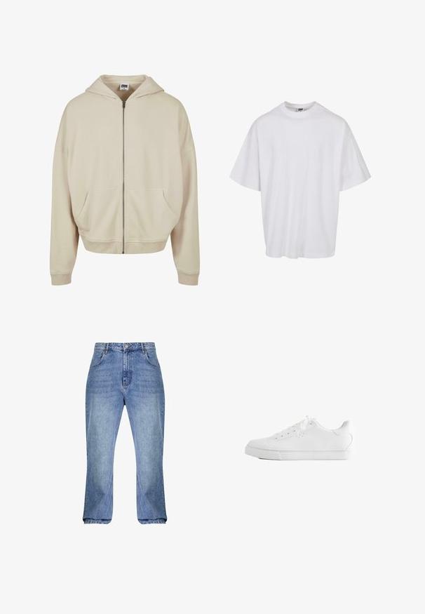 Beige zip-up hoodie med hætte, forlommer, ribbede manchetter og nederkant. Fremstillet af blødt materiale med en glat struktur.; Hvid bomulds t-shirt med rund hals og korte ærmer, der har en løs pasform og subtile syningsdetaljer.; Lys blå denim jeans med høj talje, lige snit og let flaxede ben. Har klassisk fem-lommestil og bæltestropper.; Hvid lavtop sneakers med snørebånd, glat læderoverdel og flad gummiå sole set fra siden på en hvid baggrund.