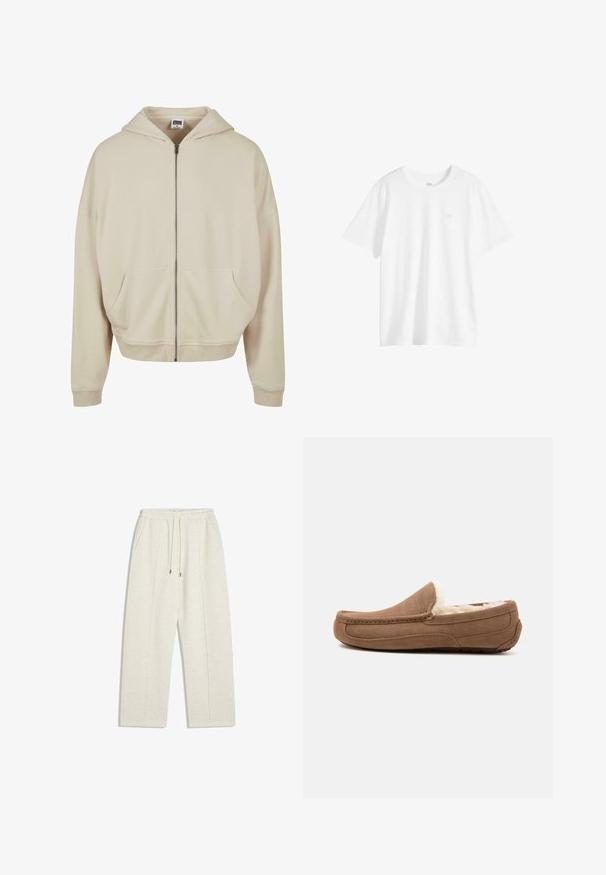 Haut à capuche zippé beige avec une capuche, des poches avant, des poignets et un ourlet côtelés. Fabriqué à partir d'un matériau doux avec une texture lisse.; T-shirt blanc uni à manches courtes et col rond avec un petit logo sur la poitrine du côté gauche, présenté sur un fond blanc.; Pantalons de survêtement larges couleur beige clair en tissu doux. Dotés d'une taille élastique avec cordon de serrage et de poches latérales pour plus de praticité.; Chausson mocassin en daim marron avec doublure en polaire blanche et semelle en caoutchouc, présenté de côté sur un fond uni.