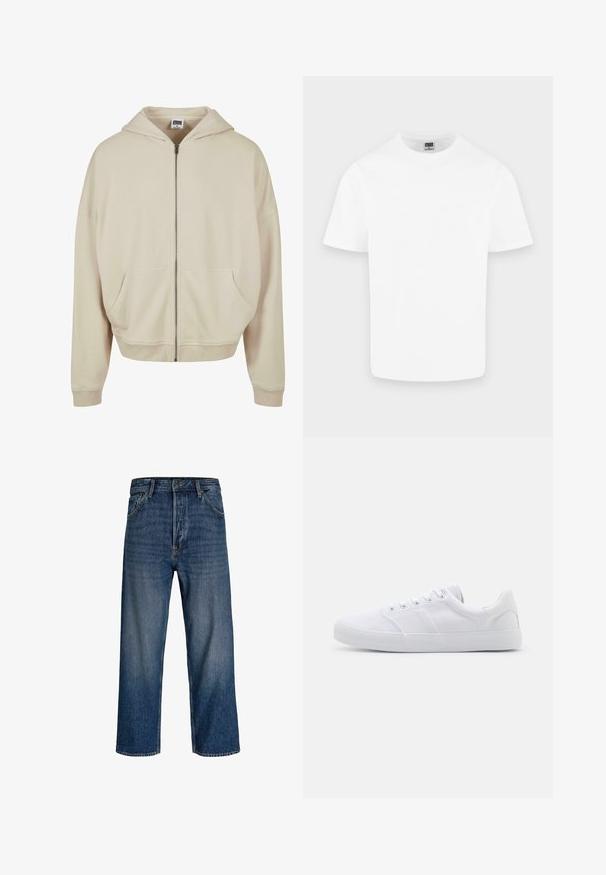 Beige zip-up hoodie med hætte, forlommer, ribbede manchetter og nederkant. Fremstillet af blødt materiale med en glat struktur.; Enkelt hvid kortærmet T-shirt med rund hals i bomuld vist på en lys grå baggrund.; Denim jeans med lige ben-design, mørkeblå farve og subtil udvaskning. Har fem lommer og lukke med knap.; Hvide lærreds sneakers med gummisål, der har seks snørehuller, en struktureret tåkap og et minimalistisk design.