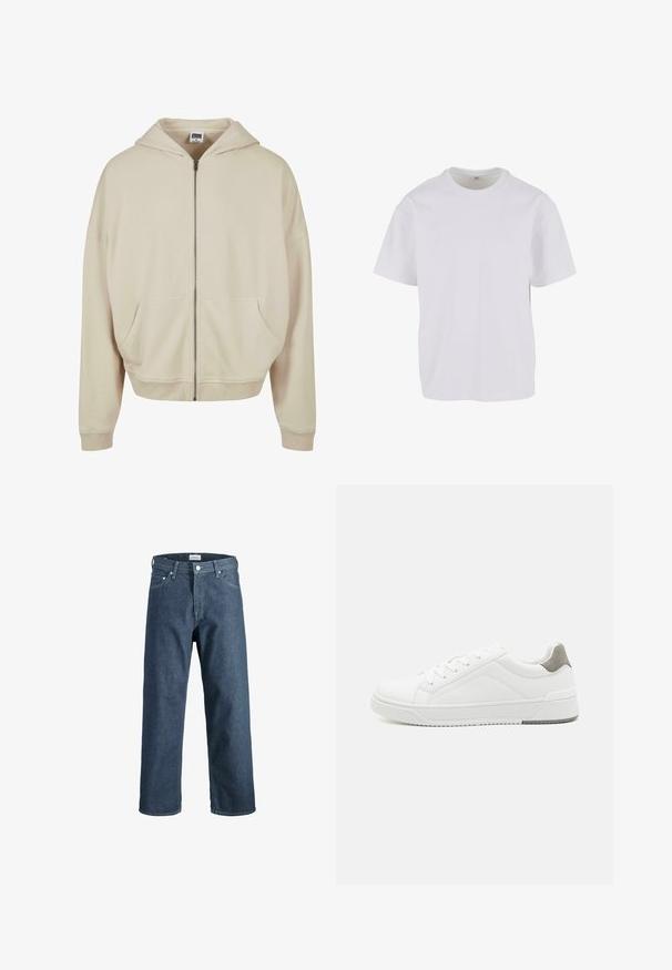 Beige zip-up hoodie met een capuchon, voorzakken, ribgebreide manchetten en zoom. Gemaakt van zacht materiaal met een gladde textuur.; Witte T-shirt met korte mouwen van zacht katoen, met een ronde halslijn en een ontspannen pasvorm met rechte zoom. Geen patronen of accenten zichtbaar.; Donkerblauwe spijkerbroek met een rechte pasvorm, voorzien van vijf zakken, een knoopsluiting aan de voorkant en contrasterende stiksels.; Witte sneaker van glad leer met een ronde neus, minimalistisch ontwerp, grijze hielaccent en een geplaatste rubberen zool.