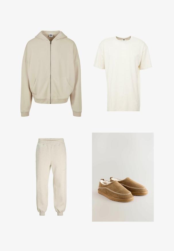 Beige zip-up hoodie met een capuchon, voorzakken, ribgebreide manchetten en zoom. Gemaakt van zacht materiaal met een gladde textuur.; Korte mouwen, ronde hals t-shirt in lichtcrème kleur. Gemaakt van zacht katoen met een relaxte pasvorm en minimale naden.; Lichtbeige sweats met een zachte stof, voorzien van een elastische tailleband, boordjes bij de enkels en zijzakken. Eenvoudig, onopgesmukt ontwerp.; Tan suède instapchoenen met zachte kunstbontvoering, decoratieve witte stiksels langs de zijkanten en antislip rubberen zolen.