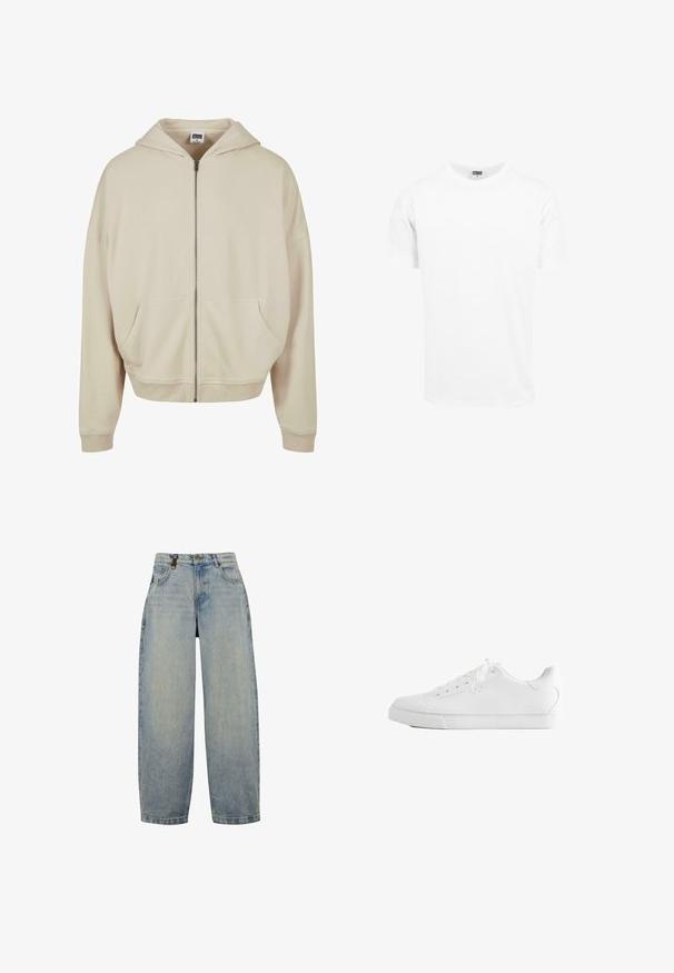 Beige Zip-Hoodie mit Kapuze, Fronttaschen, gerippten Bündchen und Saum. Hergestellt aus weichem Material mit glatter Textur.; Weißes Baumwoll-T-Shirt, kurze Ärmel, Rundhalsausschnitt, gerader Schnitt, weiche Textur, schlichtes Design, keine Grafiken oder Muster.; Hellblaue Jeans aus Denim mit lässiger Passform, featuring eine hohe Taille, weite Beine, klassischen Fünf-Taschen-Design und Akzente aus Metall.; Weißer Low-Top-Sneaker mit Schnürsenkeln, glattem Lederobermaterial und flacher Gummisohle, seitlich auf weißem Hintergrund gezeigt.