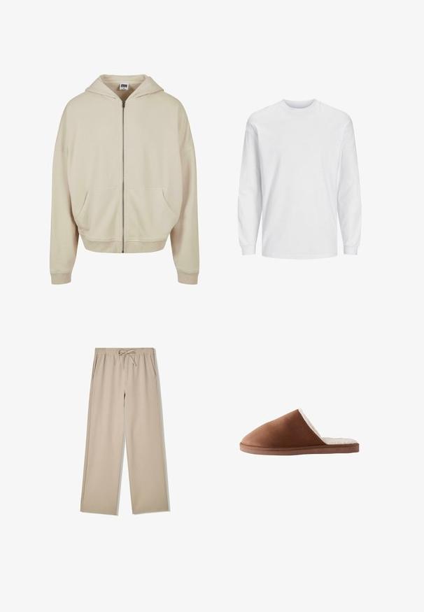 Beige zip-up hoodie med hætte, forlommer, ribbede manchetter og nederkant. Fremstillet af blødt materiale med en glat struktur.; Langærmet hvid t-shirt lavet af bomuld. Har rund hals og ensfarvet design uden mønstre eller accenter. Blød, glat tekstur.; Beige bukser med vidde i benene, elastisk talje og snor, med sidelommer, lagt fladt på hvid baggrund.; Brune ruskindssandal med en blød hvid pelsforing, der har et lukket tådesign og en flad, tekstureret sål.