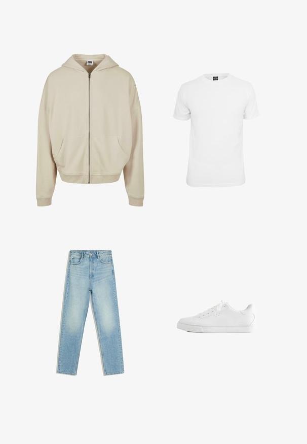 Beige zip-up hoodie med hætte, forlommer, ribbede manchetter og nederkant. Fremstillet af blødt materiale med en glat struktur.; Hvid kortærmet t-shirt, lavet af bomuld, med en klassisk rund hals og en glat tekstur, designet til afslappet brug.; Lyseblå jeans med høj talje, lige ben, for- og baglommer og knaplukning på hvid baggrund.; Hvid lavtop sneakers med snørebånd, glat læderoverdel og flad gummiå sole set fra siden på en hvid baggrund.