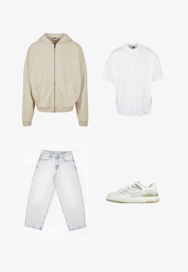 Beige zip-up hoodie med hætte, forlommer, ribbede manchetter og nederkant. Fremstillet af blødt materiale med en glat struktur.; Hvid bomulds T-shirt med en afslappet pasform, korte ærmer og rund halsudskæring, med en lige kant og ingen synlige grafikker eller mønstre.; Lyseblå denimjeans med høj talje, lige brede ben, knap- og lynlåslukning samt lommer foran og bagpå.; Hvid lavtop sneakers med beige sål, snørebånd foran og polstret krave vist på en ensartet hvid baggrund.