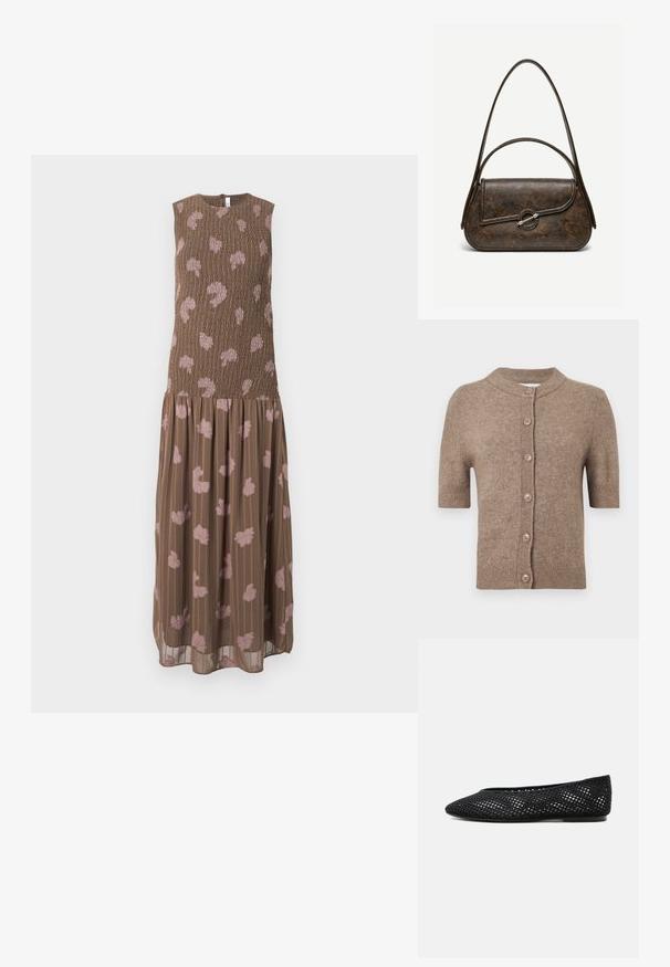 Cardigan marron à manches courtes en tissu doux avec un col rond, comportant six boutons marron sur le devant et des bords côtelés.; Robe marron sans manches avec un corsage smocké et une jupe fluide ; présente des motifs floraux roses pâles et des rayures verticales. Tissu léger et texturé.; Chaussure plate en mesh noir avec bout fermé et petit talon, présentant un design tissé respirant et un logo discret sur le côté.; Sac à main en cuir brun foncé texturé avec deux anses, forme rectangulaire arrondie, et fermeture à bouton circulaire argenté sur le rabat avant.