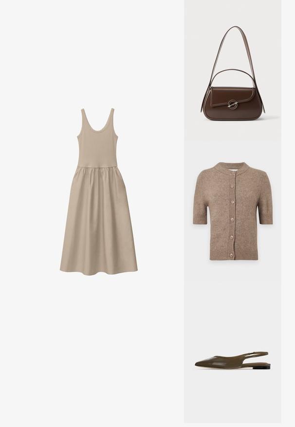 Cardigan marron à manches courtes en tissu doux avec un col rond, comportant six boutons marron sur le devant et des bords côtelés.; Robe beige sans manches avec encolure ronde et taille froncée, s'évasant en une longue jupe fluide.; Chaussure plate à bout pointu vert olive avec bride arrière, talon noir bas et finition lisse et brillante.; Sac à épaule en cuir marron avec rabat incurvé et fermoir circulaire argenté, présenté sur un fond clair uni.