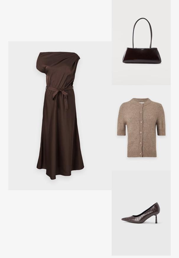 Cardigan marron à manches courtes en tissu doux avec un col rond, comportant six boutons marron sur le devant et des bords côtelés.; Robe midi en satin marron à une épaule avec ceinture à la taille et légère évasement à l'ourlet.; Escarpins à bout pointu en similicuir marron avec une texture crocodile, dotés d’un talon fin et angulaire ainsi que d’une doublure intérieure lisse.; Sac à main rectangulaire noir en cuir avec de longues lanières fines et un petit logo "ALDO" au centre de l'avant.