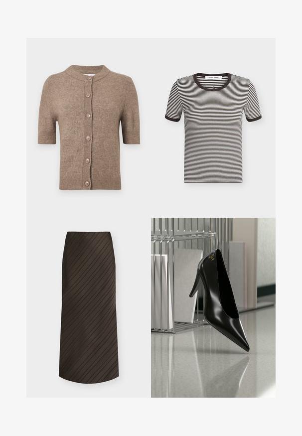 Cardigan marron à manches courtes en tissu doux avec un col rond, comportant six boutons marron sur le devant et des bords côtelés.; T-shirt à manches courtes rayé noir et blanc horizontal avec col et poignets côtelés noirs, posé à plat sur un fond clair.; Jupe trapèze marron foncé avec des rayures noires diagonales, longueur midi, et une ceinture simple.; Chaussure noire à talon haut avec bout pointu et logo doré, posée sur une surface réfléchissante près d'un organiseur de dossiers en fil chromé contenant des documents.