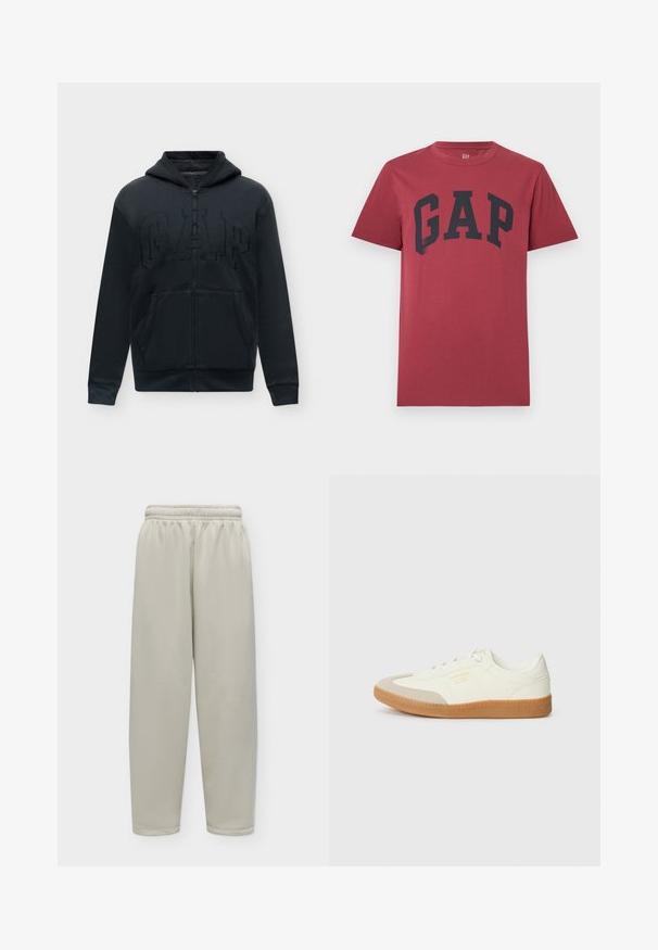 Sweat à capuche noir zippé avec poches avant et grand logo GAP texturé sur la poitrine, présenté sur un fond uni.; T-shirt rouge à manches courtes avec col rond et grand texte noir "GAP" centré sur la poitrine.; Pantalon ample beige clair avec taille élastique et jambes droites, présenté sur un fond uni clair.; Baskets en cuir blanc avec une coque beige et une semelle en caoutchouc marron clair. Dotées de lacets blancs plats et d'un logo embossé sur le côté.