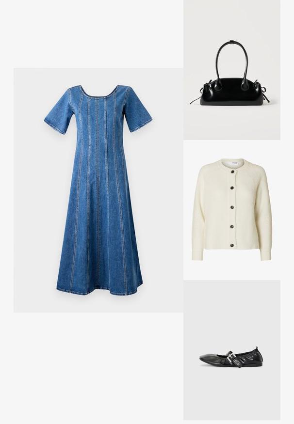 Kremfarvet strikket cardigan med lange ærmer, rund hals og fem mørke knapper foran.; Object Midi Denim - Hverdagskjole - medium blue denim; Sorte læder flade sko med spids tå, samling detaljer omkring åbningen, og en sølv spænde accent på den justerbare rem.; Lille sort blank håndtaske med to lange håndtag og snøre-detaljer i siden på en ensfarvet lys baggrund.