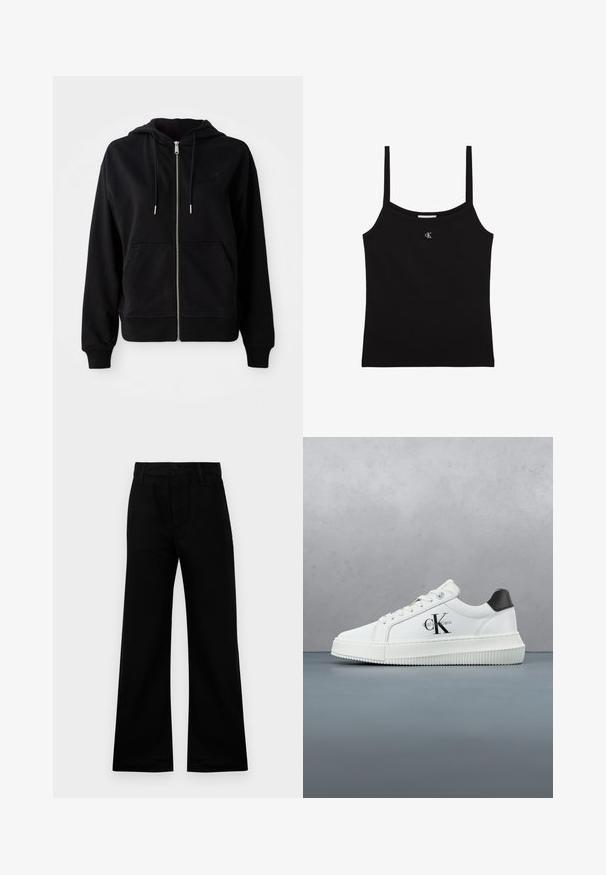 Zwarte zip-up hoodie gemaakt van zacht materiaal. Voorzien van een voorzak, een verstelbare capuchon met koord en een geborduurd logo op de borst.; Zwarte cropped tanktop met dunne schouderbandjes en een klein zilveren CK-logo gecentreerd onder de halslijn.; Zwarte wijde broek van gladde stof met een hoge taille, voorzien van een knoopsluiting en riemlussen, en biedt een gestructureerde pasvorm.; Witte lage sneaker met zwarte hiel tab, plateauzool, veters en Calvin Klein "CK" logo aan de zijkant.