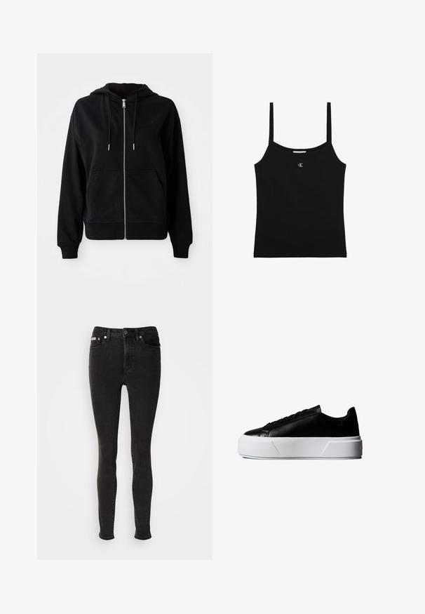 Zwarte zip-up hoodie gemaakt van zacht materiaal. Voorzien van een voorzak, een verstelbare capuchon met koord en een geborduurd logo op de borst.; Zwarte cropped tanktop met dunne schouderbandjes en een klein zilveren CK-logo gecentreerd onder de halslijn.; Zwarte skinny jeans van denim met een gladde textuur, voorzien van een ontwerp met vijf zakken, riemlussen en metalen knoopsluiting.; Zwarte lage sneaker met dikke witte plateauzool en zwarte veters, zijaanzicht op een witte achtergrond.
