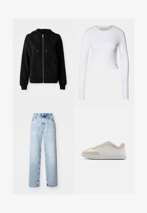 Zwarte zip-up hoodie gemaakt van zacht materiaal. Voorzien van een voorzak, een verstelbare capuchon met koord en een geborduurd logo op de borst.; Witte lange mouw crop top van ribstof. Heeft een ronde hals en een klein logo-label aan de onderkant aan de linkerkant.; Lichtblauwe high-waisted jeans met een losse pasvorm, met rechte pijpen, vijf zakken en een klassieke knoop- en ritssluiting.; Witte leren sneakers met beige suède accenten en witte veters. Beschikt over een ronde neus en een gevoerde zool voor comfort.