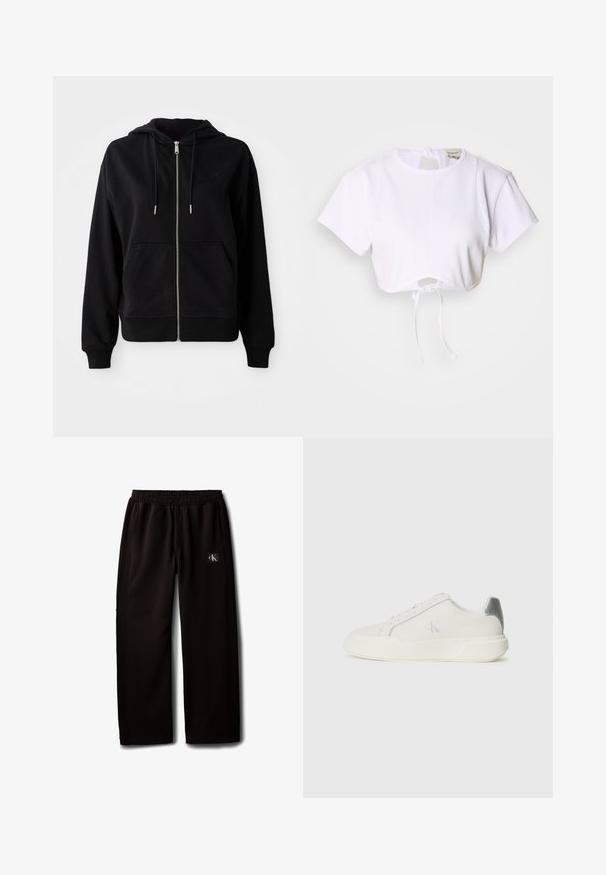 Schwarze Zip-Hoodie aus weichem Stoff. Verfügt über eine Fronttasche, eine verstellbare Kapuze mit Kordelzug und ein gesticktes Logo auf der Brust.; Weißes, kurzes T-Shirt aus glattem Stoff. Mit rundem Ausschnitt, kurzen Ärmeln und einem Kordelzug am Saum zur Anpassung.; Schwarze Wide-Leg-Hose mit elastischem Bund und Seitentaschen, mit einem kleinen Calvin Klein Logo-Patch am rechten Oberschenkel.; Weißer Sneaker aus Leder mit glatter Textur, ausgestattet mit einem silbernen Akzent an der Ferse, flacher Sohle und minimalistischem Design.