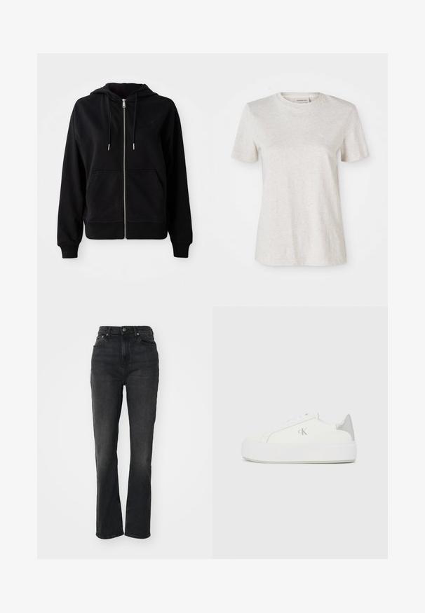 Sort zip-up hoodie lavet af blødt stof. Har en frontlomme, justerbar snoretræk i hætten og et broderet logo på brystet.; Lys grå kortærmet T-shirt lavet af en blød bomuldsblanding, med en rund halsudskæring og et lille broderet logo på brystet.; Højtaljede sorte denim jeans med lige ben, fem-lomme design, frontlukning med knap og minimal syning.; Hvide lærredssneakers med en tyk hvid sål, prydet med en metallic sølvaccent på hælen og en diskret logo-detalje på siden.