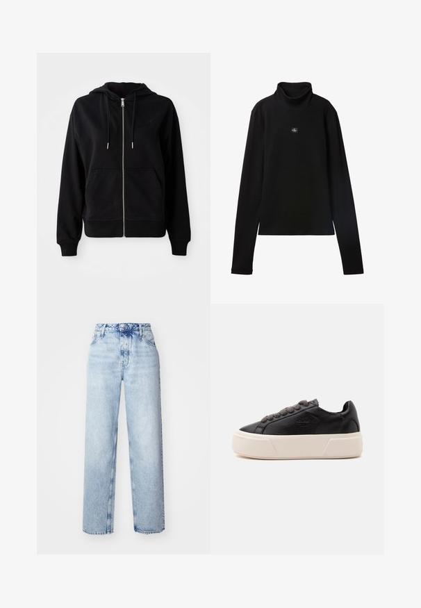 Zwarte zip-up hoodie gemaakt van zacht materiaal. Voorzien van een voorzak, een verstelbare capuchon met koord en een geborduurd logo op de borst.; Zwarte geribde coltrui met lange mouwen en een klein vierkant Calvin Klein-logo midden op de borst.; Lichtblauwe high-waisted jeans met een losse pasvorm, met rechte pijpen, vijf zakken en een klassieke knoop- en ritssluiting.; Zwarte leren lage sneaker met dikke witte plateauzool en donkergrijze veters, zijaanzicht op een effen lichte achtergrond.