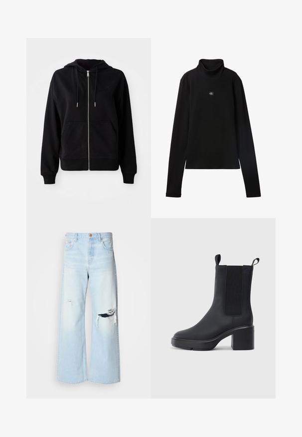 Sort zip-up hoodie lavet af blødt stof. Har en frontlomme, justerbar snoretræk i hætten og et broderet logo på brystet.; Sort ribstrikket bluse med lange ærmer og lille firkantet Calvin Klein-logo placeret centralt på brystet.; Lyseblå brede jeans lavet af denim, med høj talje, store revner ved knæene og et klassisk fem-lomme design med kobberhardware.; Sorte ankelstøvler i glat gummimateriale, med elastiske sidepaneler, blokhæle og trækskilt øverst for nem påtagning.