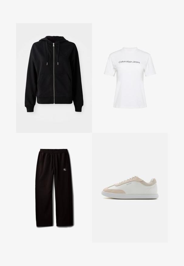 Schwarze Zip-Hoodie aus weichem Stoff. Verfügt über eine Fronttasche, eine verstellbare Kapuze mit Kordelzug und ein gesticktes Logo auf der Brust.; Weißes Baumwoll-T-Shirt mit Rundhalsausschnitt und kurzen Ärmeln, bedruckt mit dem Schriftzug "Calvin Klein Jeans" in schwarzer Schrift quer über der Brust.; Schwarze Wide-Leg-Hose mit elastischem Bund und Seitentaschen, mit einem kleinen Calvin Klein Logo-Patch am rechten Oberschenkel.; Weiße Ledersneaker mit beigen Wildleder-Akzenten und weißen Schnürsenkeln. Sie verfügen über eine runde Zehenform und eine gepolsterte Sohle für zusätzlichen Komfort.