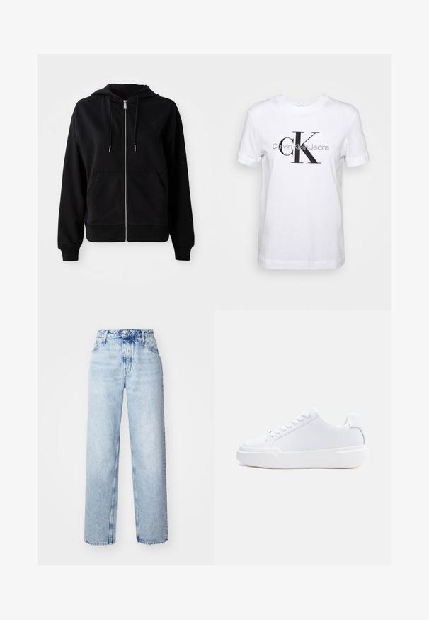 Schwarze Zip-Hoodie aus weichem Stoff. Verfügt über eine Fronttasche, eine verstellbare Kapuze mit Kordelzug und ein gesticktes Logo auf der Brust.; Weißes Baumwoll-T-Shirt mit kurzen Ärmeln, das ein großes schwarzes "CK"-Logo und den Text "Calvin Klein Jeans" darunter in Grau zeigt.; Hellblaue High-Waist-Jeans mit lockerer Passform, geradem Bein, fünf Taschen und klassischem Knopf- und Reißverschluss.; Weißer Sneaker mit niedrigem Schaft, Schnürverschluss, dicker Sohle und glattem Obermaterial, von der Außenseite vor einem einfarbigen hellen Hintergrund gezeigt.