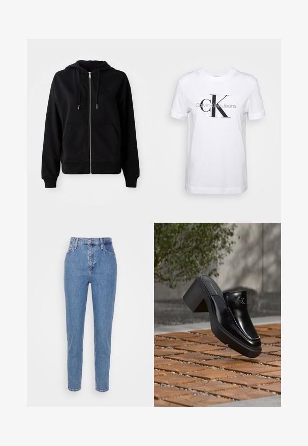 Schwarze Zip-Hoodie aus weichem Stoff. Verfügt über eine Fronttasche, eine verstellbare Kapuze mit Kordelzug und ein gesticktes Logo auf der Brust.; Weißes Baumwoll-T-Shirt mit kurzen Ärmeln, das ein großes schwarzes "CK"-Logo und den Text "Calvin Klein Jeans" darunter in Grau zeigt.; Blaue hochtaillierte gerade Jeans mit verdecktem Knopf und Reißverschluss, Gürtelschlaufen und Taschen, vor einem schlichten weißen Hintergrund präsentiert.; Schwarze Leder-Slip-on-Mule von Calvin Klein mit Blockabsatz, die auf Holzfliesen im Freien nahe einer grünen Pflanze und einer grauen Wand ruht.
