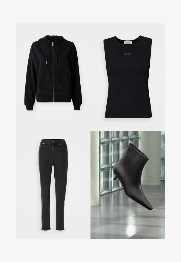 Schwarze Zip-Hoodie aus weichem Stoff. Verfügt über eine Fronttasche, eine verstellbare Kapuze mit Kordelzug und ein gesticktes Logo auf der Brust.; Schwarzes ärmelloses Top aus glattem Stoff. Merkmale einen runden Ausschnitt und ein kleines Calvin Klein Logo in der Mitte. Einfaches und figurnahes Design.; Schwarze, hoch taillierte Denim-Jeans mit schlanker Passform, ausgestattet mit Knopfverschluss, Gürtelschlaufen und kontrastierenden Nähten. Glatte Textur, keine sichtbaren Muster.; Schwarzer Leder-Knöchelstiefel mit spitzer Spitze und kleinem Absatz vor einer Wand aus Glasbausteinen und einem polierten Boden.