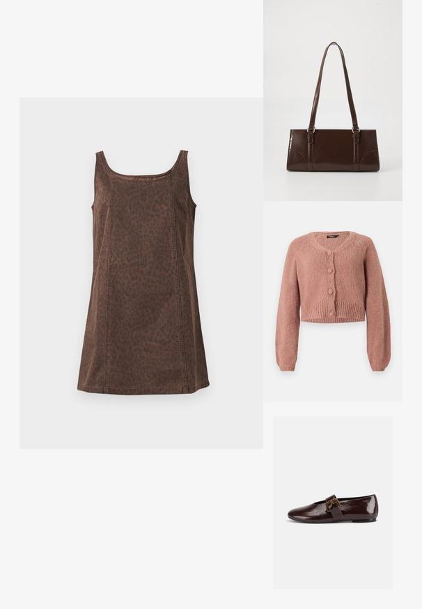 Cardigan en tricot court dans une teinte rose poussiéreux, à manches longues, avec quatre boutons recouverts assortis sur le devant.; Top sans manches marron avec un motif léopard, fabriqué dans un tissu doux au toucher lisse et comportant des détails de couture subtils.; Chaussure plate en cuir verni marron foncé avec une large bride à boucle dorée et un bout arrondi, présentée de profil sur fond blanc.; Sac à main en cuir verni marron de forme rectangulaire, avec deux longues poignées et des accents courbés subtils à l'avant.