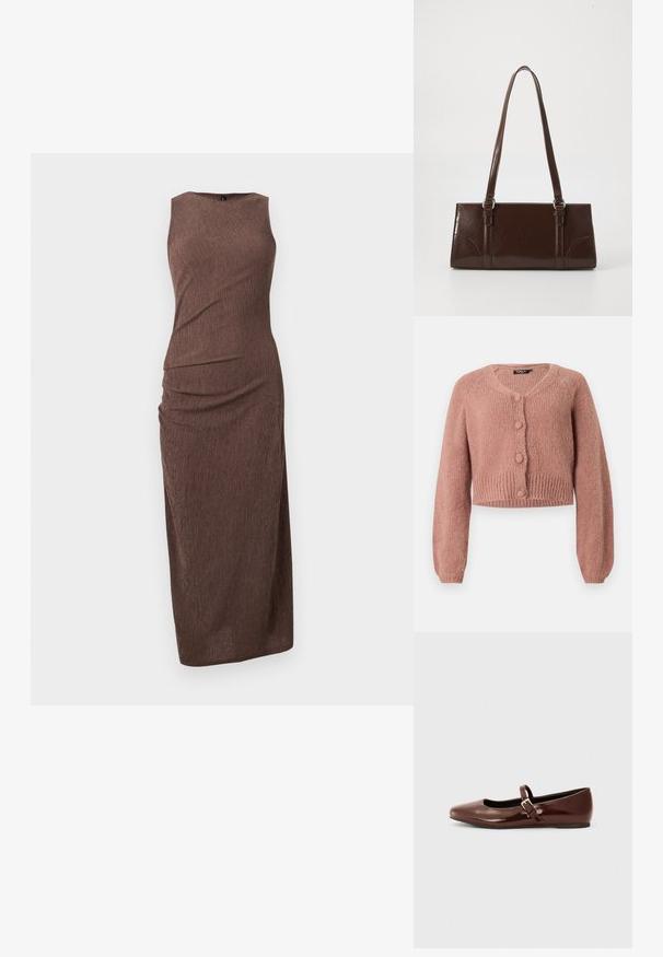 Støvet rose cropped strikket cardigan med lange ærmer og fire matchende dækkede knapper forneden.; Ærmeløs, lang brun kjole med tekstureret, krøllet stof og tætsiddende silhuet, der går ned til anklerne.; Brun patentlæder balletflade med firkantet tå og strop med en lille guldbuckle. Glat tekstur, lav hæl og minimalistisk design.; Brun lakeret håndtaske med rektangulær form, to lange håndtag og subtile buede detaljer på fronten.