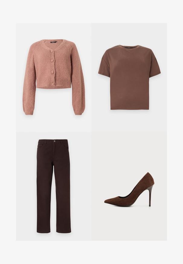 Cardigan en tricot court dans une teinte rose poussiéreux, à manches longues, avec quatre boutons recouverts assortis sur le devant.; T-shirt marron à manches courtes et col rond, coupe décontractée, design uni, sans logos ni motifs visibles sur fond blanc uni.; Pantalons en coton marron avec une coupe droite, deux poches avant et une fermeture à bouton à la taille. Texture lisse sans motifs visibles.; Escarpin en daim marron à talon haut et bout pointu avec un talon aiguille étroit et élégant sur un fond clair uni.