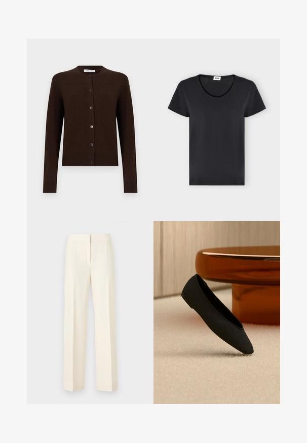 Cardigan à manches longues boutonné de couleur brun foncé, avec un col rond et des poignets et un ourlet côtelés, présenté sur un fond uni.; T-shirt noir uni à manches courtes avec col rond et petite étiquette de marque blanche à l'intérieur du col.; Pantalon droit sur mesure couleur blanc cassé avec pli avant, ceinture et fermeture avant dissimulée sur un fond uni.; Chaussure plate noire à bout pointu sur un tapis beige, avec une table basse ronde translucide de couleur ambre en arrière-plan.