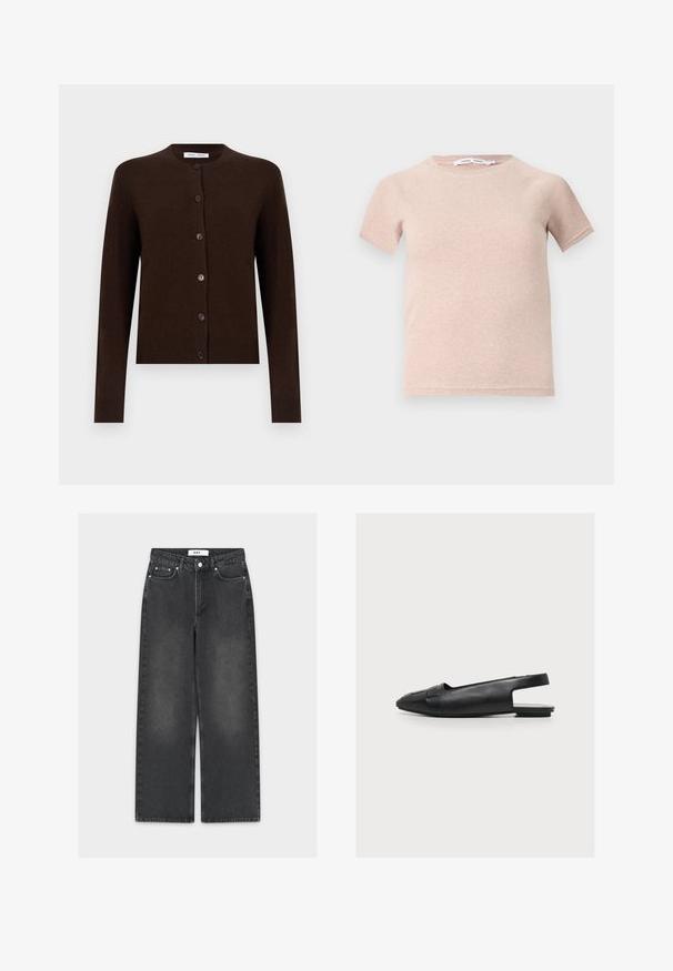 Cardigan à manches longues boutonné de couleur brun foncé, avec un col rond et des poignets et un ourlet côtelés, présenté sur un fond uni.; T-shirt à manches courtes rose clair en tissu côtelé, avec un col rond et une coupe décontractée. Design simple et sans couture.; Jean denim noir à jambes larges avec une finition délavée, doté d'une fermeture par bouton et zip, d'un design à cinq poches, et de coutures contrastantes.; Chaussure plate en cuir noir avec bride arrière, bout pointu et détail tissé sur le devant, vue de profil sur fond blanc.
