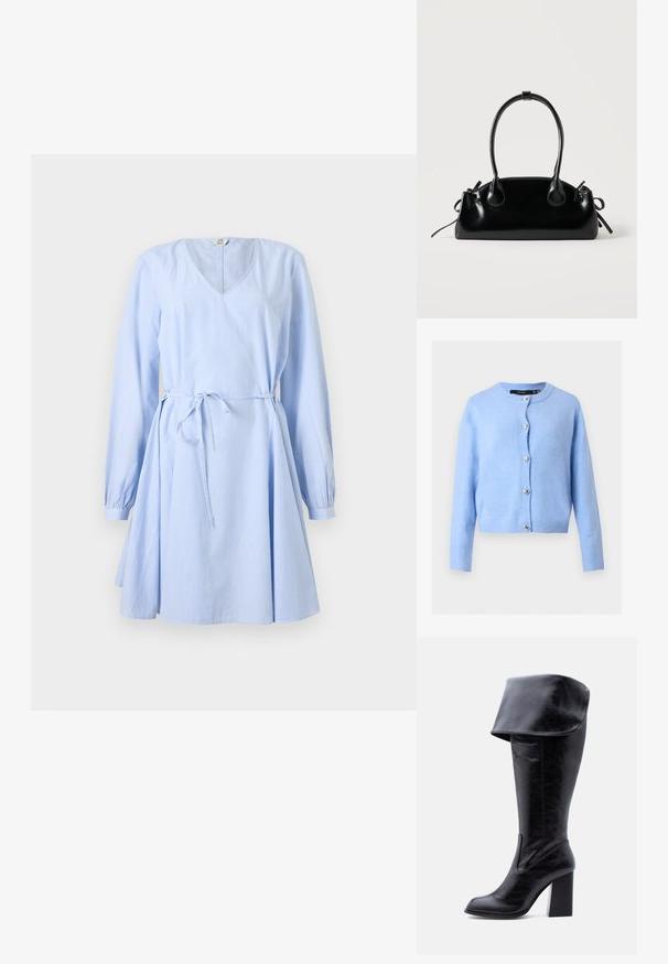 Cardigan en maille bleu clair avec manches longues et encolure ronde, orné de boutons argentés en forme de cœur sur le devant.; Robe bleu clair à col en V avec manches longues, fines rayures verticales et ceinture nouée à la taille, présentée sur un fond blanc uni.; Botte haute en cuir noir avec talon, bord plié et bout arrondi, debout sur un fond blanc.; Petit sac à main noir brillant avec deux longues anses et des détails à cordon sur les côtés sur un fond clair uni.