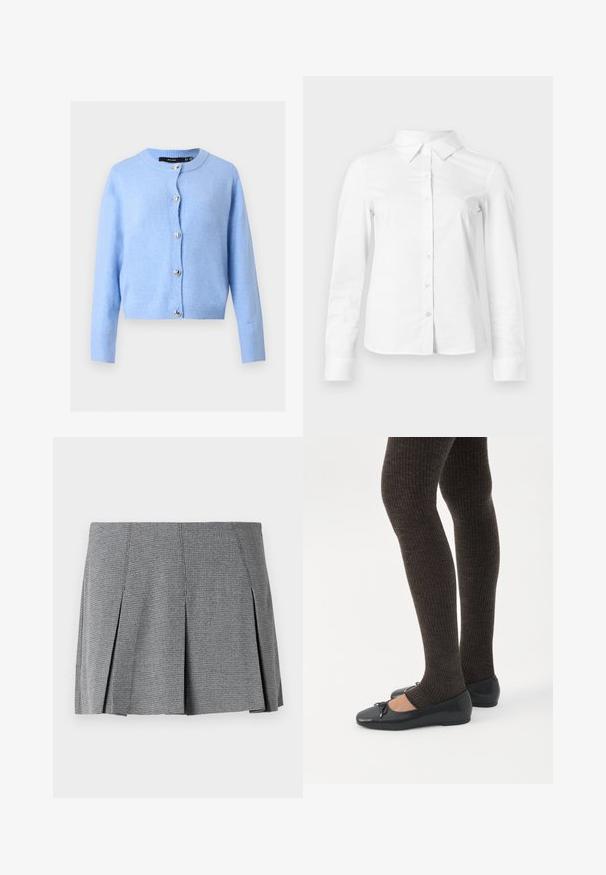 Cardigan en maille bleu clair avec manches longues et encolure ronde, orné de boutons argentés en forme de cœur sur le devant.; Chemise blanche à manches longues avec boutons, col pointu, ourlet droit et silhouette ajustée, présentée sur un fond clair uni.; Jupe mini plissée grise en tissu texturé, avec un motif à carreaux et une coupe droite agrémentée de fentes sur les côtés.; Jambes portant des leggings côtelés foncés associés à des ballerines noires avec de petits détails en nœud sur fond blanc.