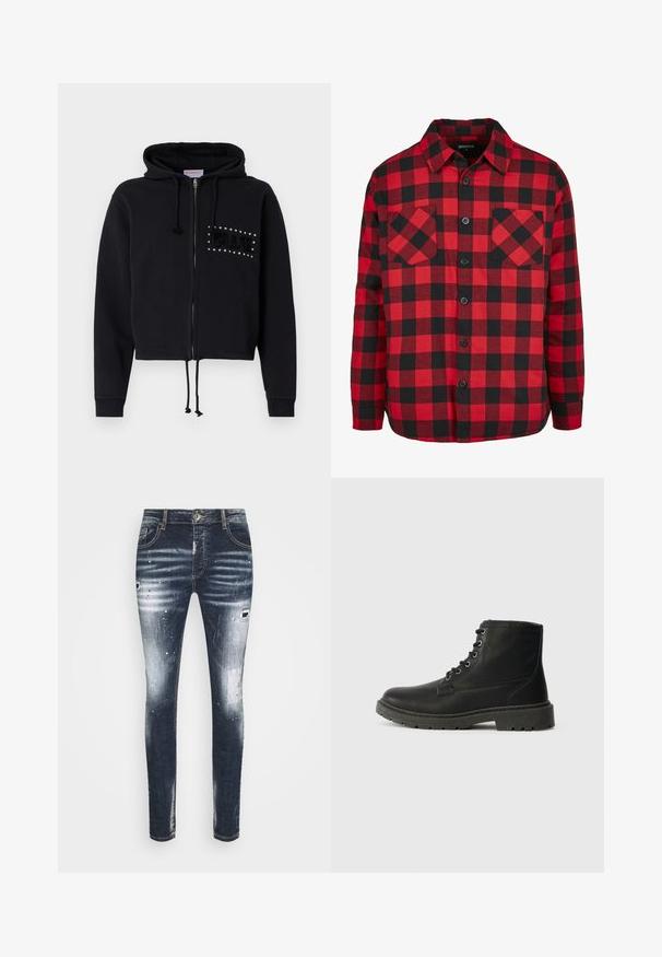 Sort cropped hoodie med lynlås, udstyret med en hætte med snore og frontlommer. Pyntet med "BLUE" i perler og blød tekstur på brystet.; Rød og sort ternet flanelskjorte med knaplukning, der har to brystlommer og krave. Fremstillet af tekstureret bomuldsstof.; Alessandro Zavetti CHEILLINI SUPER SLIM - Jeans Slim Fit - indigo; Sort læder ankelstøvle med snørebånd, tyk gummisål, tekstureret overflade og forstærket syning. Har minimalistisk branding.
