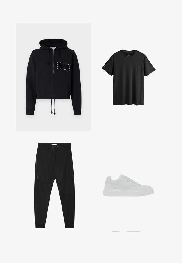 Sort cropped hoodie med lynlås, udstyret med en hætte med snore og frontlommer. Pyntet med "BLUE" i perler og blød tekstur på brystet.; Sort aktivtøj T-shirt med korte ærmer og rund hals, med diskrete logoer på ærmerne og nederste kant, størrelse medium.; Sorte træningsbukser lavet af tekstureret stof, med justerbar talje, lynlåslomme på siden og tapered cuffs.; Hvid lavtop-sneaker med snørelukning, glat læderoverdel og tyk gummisål, vist fra ydersiden.