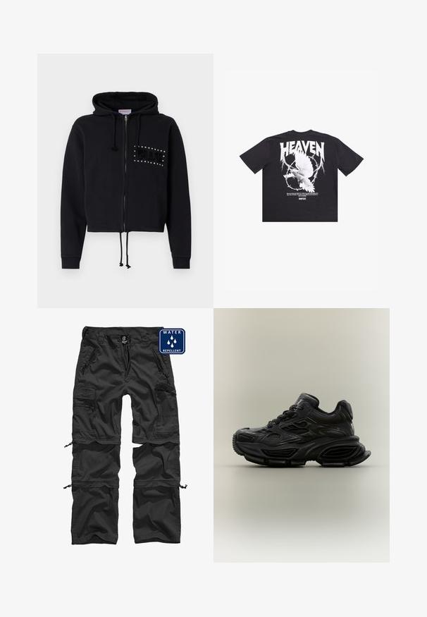 Zwarte cropped hoodie met rits, voorzien van een trekkoordcapuchon en voorzakken. Versierd met "BLUE" in kralen en een pluchen textuur op de borst.; Zwarte katoenen t-shirt met een witte duif grafiek, "HEAVEN" tekst en citaten op de achterkant gedrukt. Korte mouwen, relaxte pasvorm.; Zwarte waterafstotende cargo pants met ritszakken, verstelbare boorden en een duurzaam materiaal. Kenmerkt zich door een logo op de tailleband.; Zwarte chunky sneaker met textuurontwerp, dikke zool en vetersluiting, weergegeven tegen een eenvoudige neutrale achtergrond.