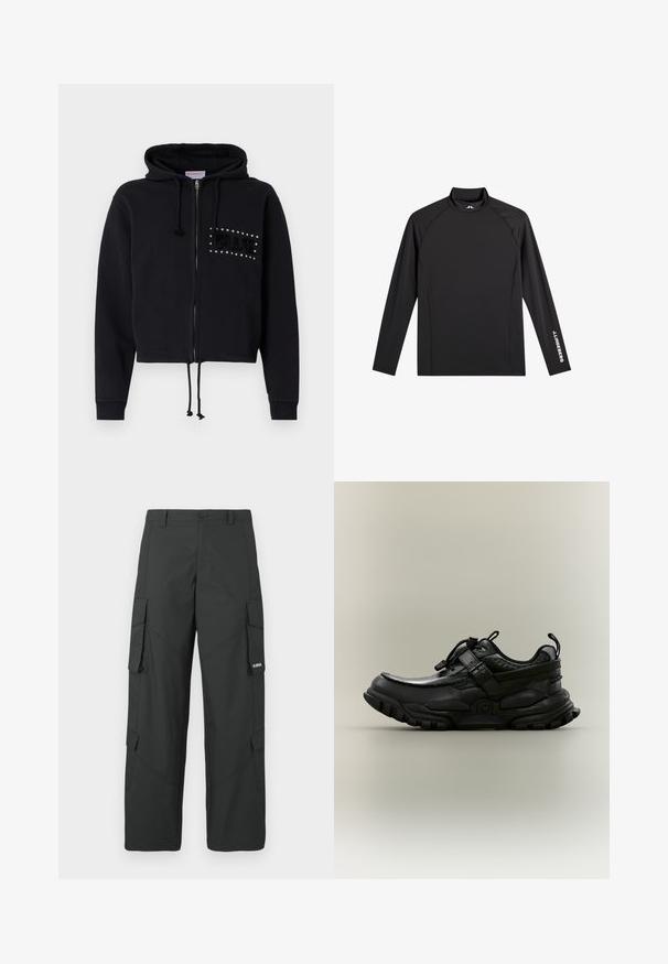 Μαύρο κοντό hoodie με φερμουάρ, που διαθέτει κουκούλα με κορδόνι και μπροστινές τσέπες. Διακοσμημένο με την επιγραφή "BLUE" από χάντρες και πλούσια υφή στο στήθος.; Μαύρο αθλητικό μπλουζάκι με μακρύ μανίκι και ψευτογύρο λαιμό, στενή εφαρμογή και λευκό λογότυπο "J.Lindeberg" στο αριστερό μανίκι και στον γιακά.; Μαύρο παντελόνι cargo κανονικής γραμμής με πλαϊνές τσέπες με καπάκι, κλείσιμο με κουμπί, τρύπες για ζώνη και μικρό λευκό λογότυπο στην καπάκι της δεξιάς τσέπης.; Μαύρο χοντρό αθλητικό παπούτσι με ρυθμιζόμενο λουρί, μπλοκέ κορδόνι και ανθεκτική σόλα, εμφανίζεται σε πλαϊνή όψη σε ουδέτερο φόντο.