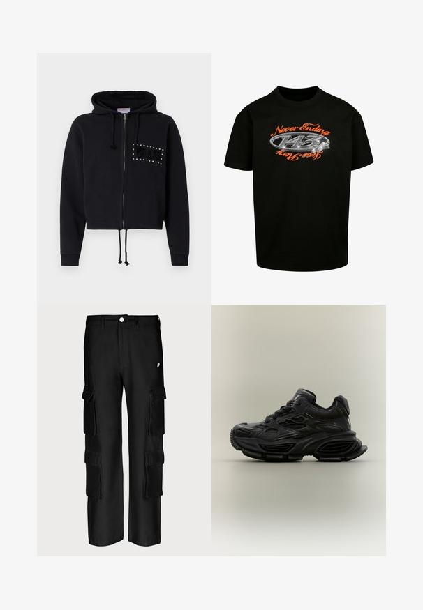 Sort cropped hoodie med lynlås, udstyret med en hætte med snore og frontlommer. Pyntet med "BLUE" i perler og blød tekstur på brystet.; Sort bomulds T-shirt med et sølv- og orange grafisk design med teksten "Never Ending 143" i fede, stiliserede bogstaver.; Sorte cargo-bukser med løs pasform, flere sidelommer, knaplukning og en glat stofstruktur.; Sort chunky sneaker med tekstureret design, tyk sål og snørelukning vist mod en almindelig neutral baggrund.