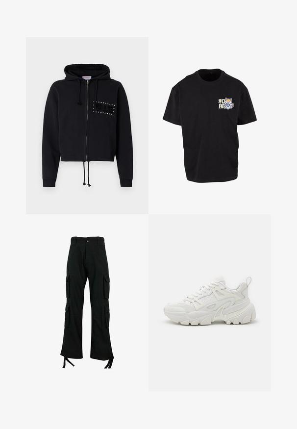 Sort cropped hoodie med lynlås, udstyret med en hætte med snore og frontlommer. Pyntet med "BLUE" i perler og blød tekstur på brystet.; Sort bomulds t-shirt med et centralt grafisk motiv af en ræv, der holder en drink, med japanske tegn i lys farve på venstre brystområde.; Sorte cargo bukser lavet af holdbart stof har flere sidelommer, et lige ben-design og snøringer i bunden for justerbar pasform.; Hvide atletiske sneakers med en struktureret overdel, netpaneler, fremtrædende gummisål og dekorative udsparinger på siden.