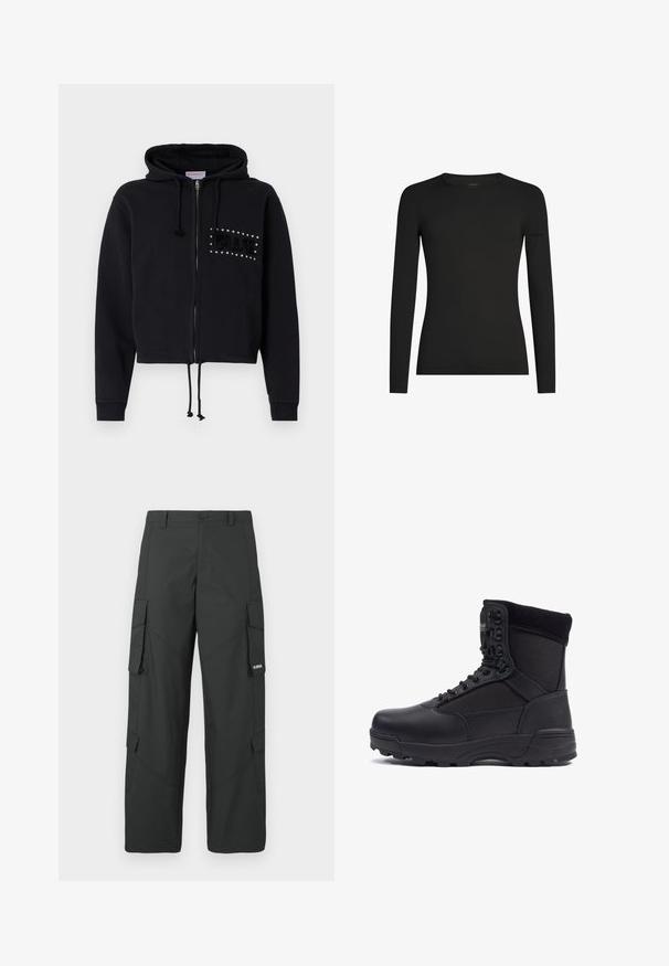 Zwarte cropped hoodie met rits, voorzien van een trekkoordcapuchon en voorzakken. Versierd met "BLUE" in kralen en een pluchen textuur op de borst.; Zwart, aansluitend shirt met lange mouwen en ronde hals, met subtiel Icebreaker-logo op de linker mouw, weergegeven op een witte achtergrond.; Zwarte cargo broek met rechte pijpen, zijflapzakken, knoopsluiting, riemlussen en een klein wit logo op de flap van de rechterzak.; Zwarte tactical boot met een gladlederen bovenkant en stofpanelen, hoge enkelontwerp, vetersluiting aan de voorkant en robuuste rubberen zool.