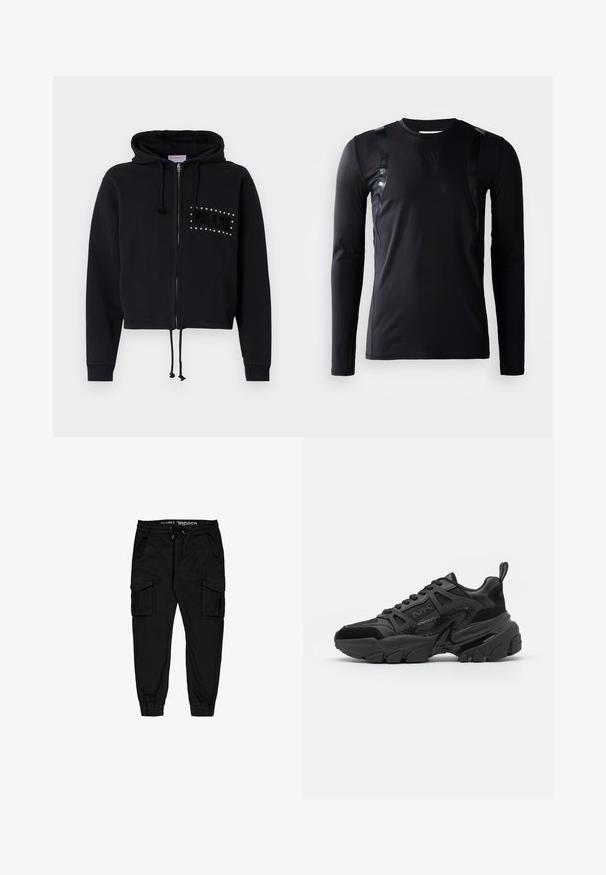 Sort cropped hoodie med lynlås, udstyret med en hætte med snore og frontlommer. Pyntet med "BLUE" i perler og blød tekstur på brystet.; Sort langærmet træningsskjorte lavet af glat, strækbart stof. Har glansfulde sorte detaljer på skuldrene og et Adidas-logo på brystet.; Sorte cargobukser lavet af letvægtsstof, med elastisk talje, snor, og flere sidelommer samt tætsiddende cuffs.; Sorte sneakers med en kombination af glatte og teksturerede materialer, en chunky sål, snøredesign og markante sideaccents.