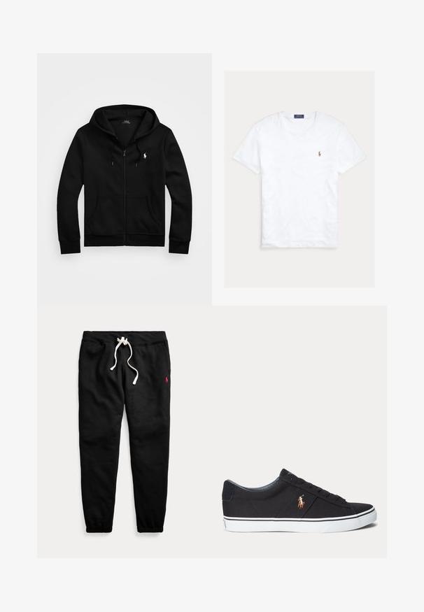 Sort lynlåstrøje med frontlommer, snørejusteret hætte og hvid Polo Ralph Lauren-logo på venstre bryst.; Hvid T-shirt med rund hals og korte ærmer med lille broderet Polo Ralph Lauren-logo på venstre bryst og blå mærkeetiket indvendigt i kraven.; Sorte joggingbukser med hvid snøre, elastiske manchetter, sidelommer og lille rødt logo på venstre lår.; Sort lav sneakersko med hvid sål og broderet polo spiller logo på siden, med snørebånd og tekstureret stofoverdel.