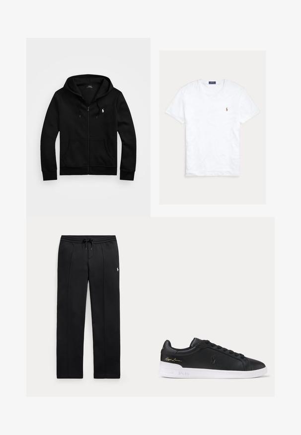 Sort lynlåstrøje med frontlommer, snørejusteret hætte og hvid Polo Ralph Lauren-logo på venstre bryst.; Hvid T-shirt med rund hals og korte ærmer med lille broderet Polo Ralph Lauren-logo på venstre bryst og blå mærkeetiket indvendigt i kraven.; Svarte sweatpants med lige ben, snøre i taljen og lille hvidt logo på venstre lår, vist fladt på lys baggrund.; Sort lavtop lædersneaker med sorte snørebånd, hvid sål præget med Polo og gyldent Ralph Lauren-signatur på hælen.