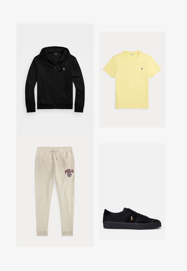 Čierna mikina na zips s kapucňou, predné vrecká, kapucňa so šnúrkami a bielym logom Polo Ralph Lauren na ľavej strane hrude.; Žlté tričko s krátkym rukávom a okrúhlym výstrihom s malým tmavomodrým logom Polo Ralph Lauren na ľavej strane hrude.; Béžové tepláky so sťahovacou šnúrkou, bočnými vreckami a červeným logom a emblémom "POLO" na hore ľavej stehnovej časti.; Čierne tenisky s textilným a semišovým zvrškom, okrúhlou špičkou, plochou gumovou podrážkou a vyšívaným logom na boku. Šnurovací dizajn so šiestimi očkami.