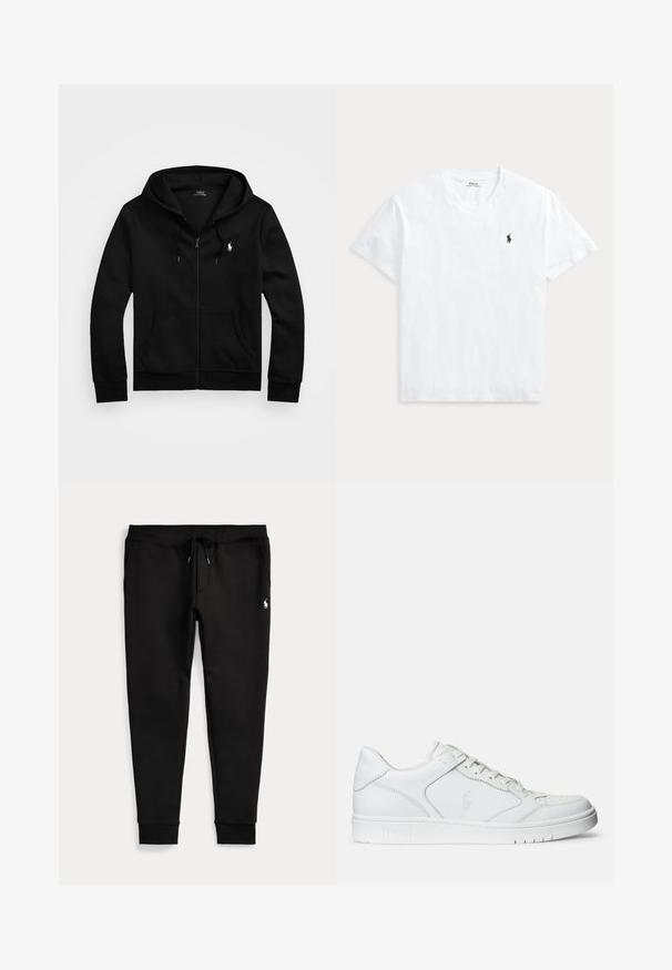 Sweat à capuche zippé noir avec poches sur le devant, capuche avec cordon et logo blanc Polo Ralph Lauren sur la poitrine gauche.; T-shirt blanc à manches courtes et col en V avec un petit logo cheval Polo Ralph Lauren bleu marine sur la poitrine gauche.; Pantalon de jogging noir avec chevilles resserrées, taille à cordon, poches latérales et petit logo blanc de joueur de polo sur la cuisse droite.; Baskets en cuir blanc avec une texture lisse, présentant un bout perforé, un système de laçage et un logo brodé sur le côté. Semelle en caoutchouc blanc.